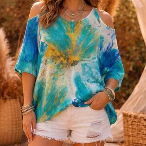Luisa Ricci Floral Tie Dye Spring Summer Cold Shoulder Oversized Cruise Sweater